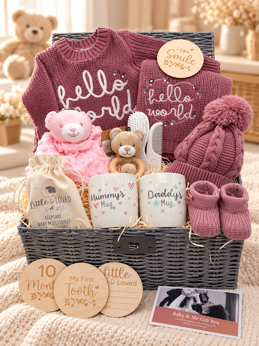 Luxury baby girl hamper with mauve Hello World knitted jumper and blanket, pom-pom hat, booties, pink teddy comforter and parent mugs