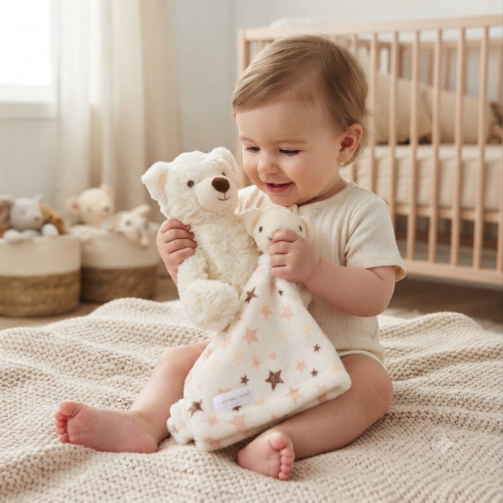 Baby Teddy Bear Comforter and Plush Teddy Gift Set – Neutral Star Design