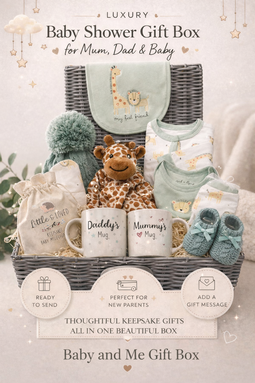 Neutral newborn gift hamper presented in a reusable wicker basket for new parents