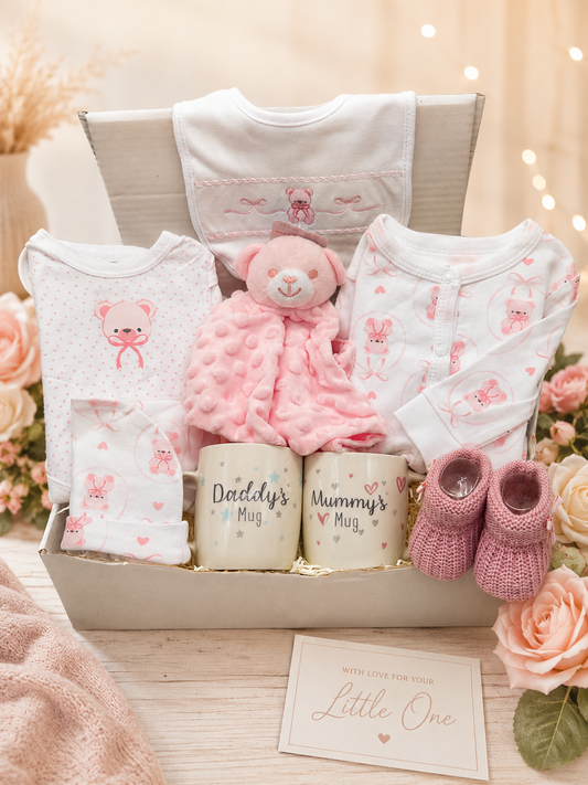 Luxury Baby Girl Gift Hamper – Newborn Pink Clothing Set with Teddy & Parent Mugs