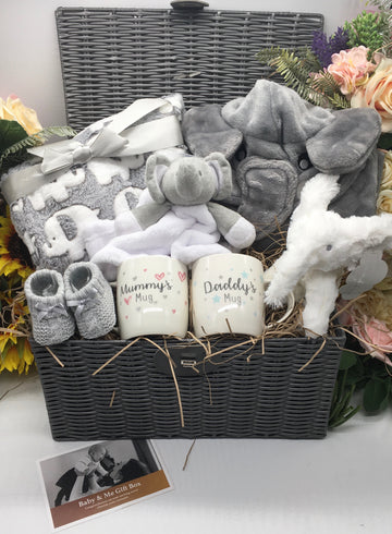 Deluxe elephant newborn baby hamper with elephant dressing gown, blanket, comforter and parent mugs