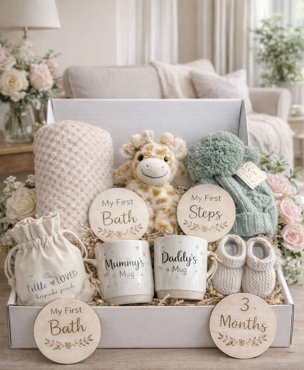 Neutral newborn gift box with giraffe comforter, baby blanket, knitted hat and booties, milestone discs, keepsake pouch and Mummy Daddy mugs