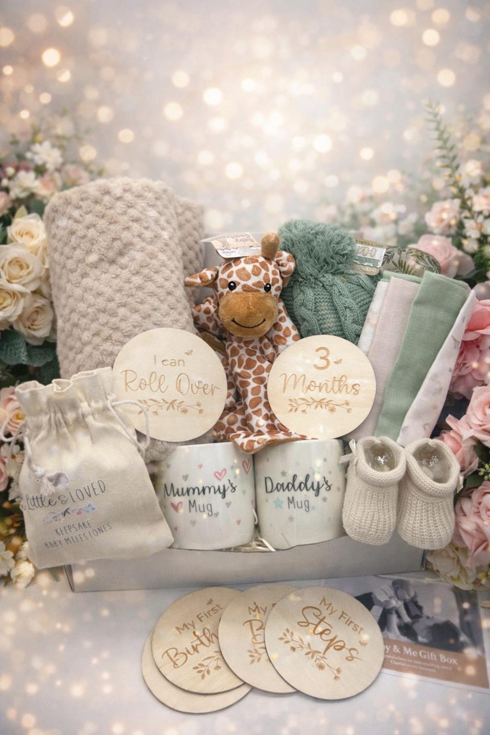 Giraffe comforter baby gift set with blanket, booties, milestone discs and parent mugs