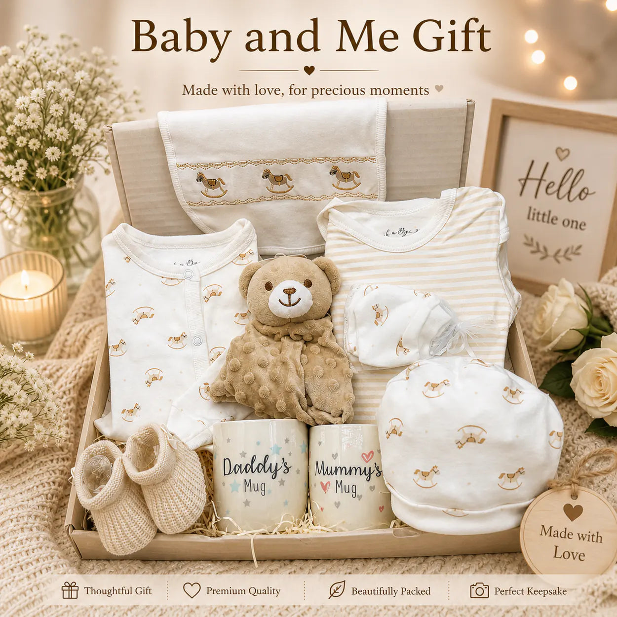 Neutral baby gift box for Mum Dad and baby with newborn clothes, teddy comforter, knitted booties and Mummy Daddy mugs