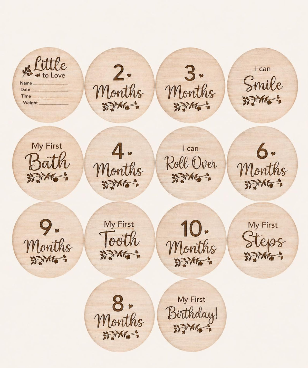 Wooden milestone discs included in the neutral baby gift box