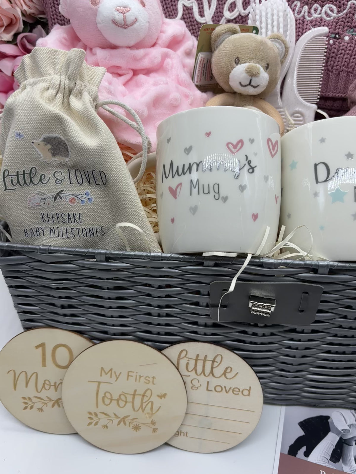 Luxury Baby Girl Newborn Gift Hamper – Mauve Knitwear & Personal Keepsakes