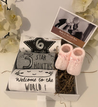 Load image into Gallery viewer, Precious Baby Milestone Baby Hamper. Beautiful Baby Keepsake Gift Box &amp; Booties. Baby Gift. Unisex Hamper
