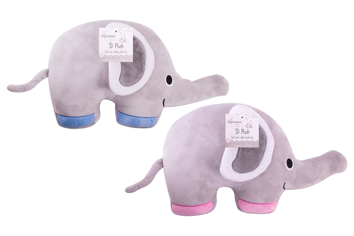 Large grey plush elephant cushions with blue and pink feet