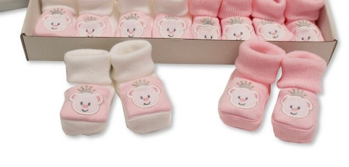 Pink and cream Princess baby booties with embroidered crowned bear faces