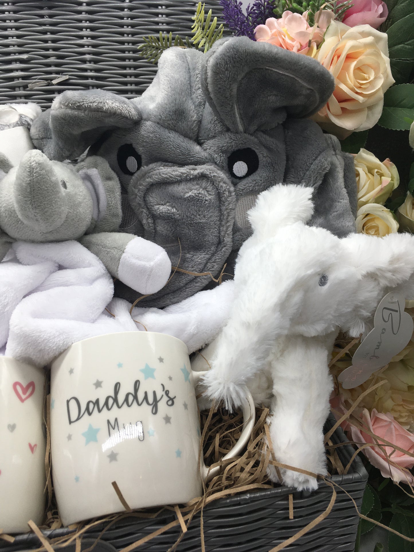 Deluxe Elephant Newborn Baby Hamper with Dressing Gown, Blanket & Parent Mugs