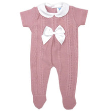 Load image into Gallery viewer, BABY SHORT SLEEVE KNITTED ALL IN ONE WITH BOW (0-9 MONTHS)
