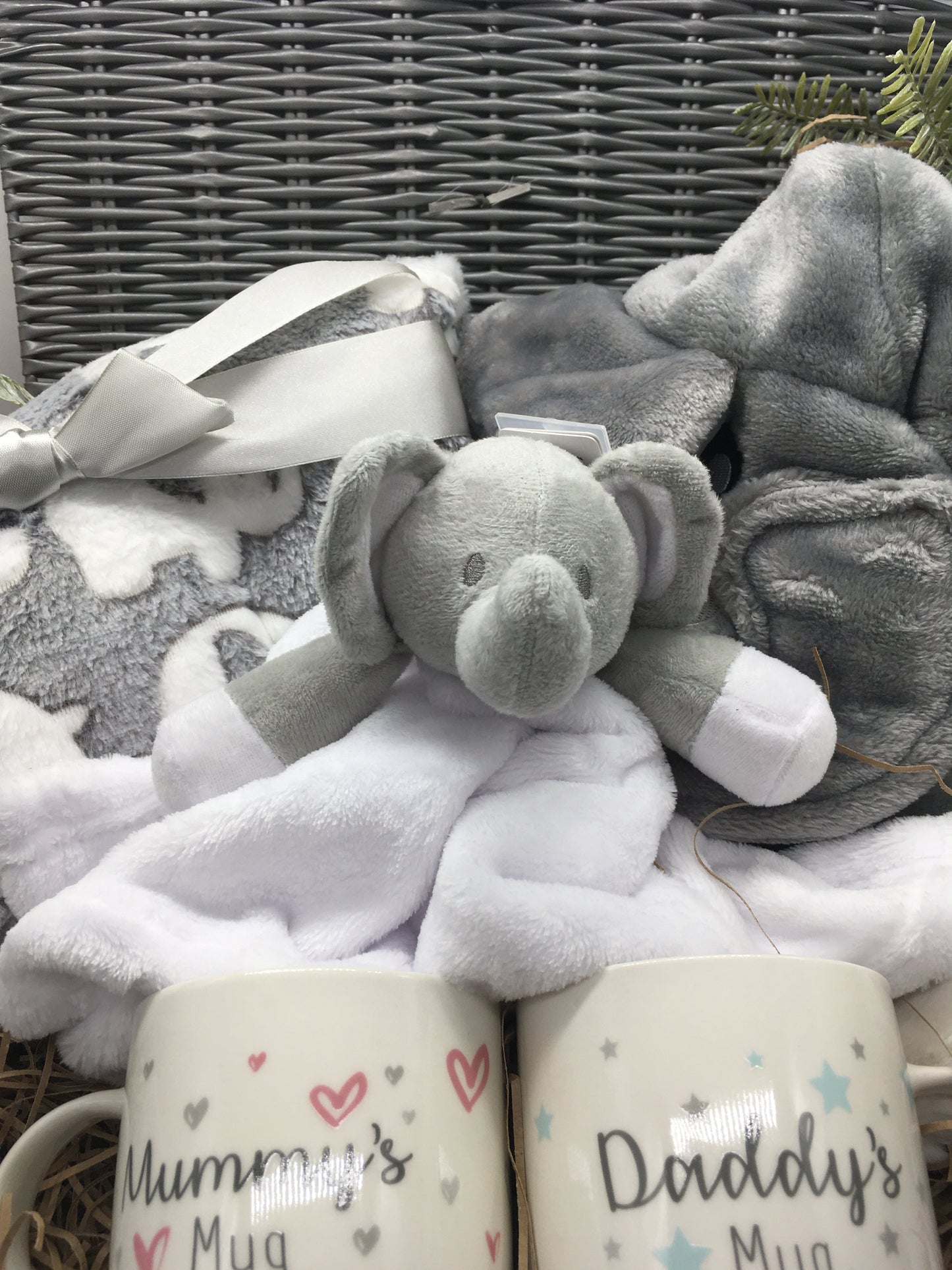 Deluxe Elephant Newborn Baby Hamper with Dressing Gown, Blanket & Parent Mugs