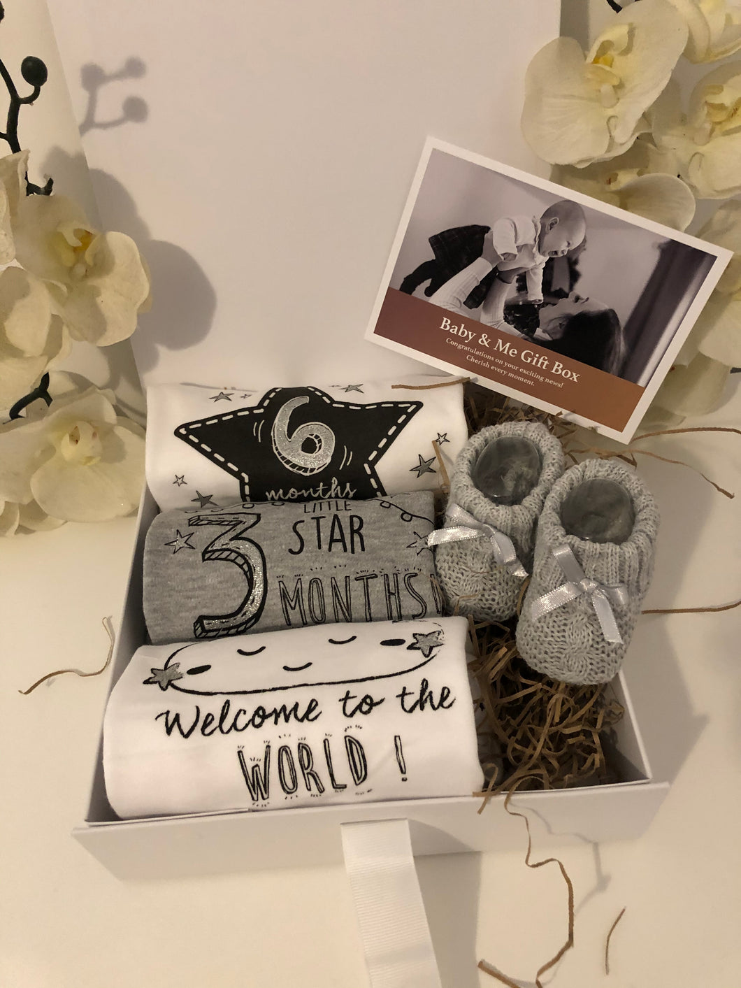 Precious Baby Milestone Baby Hamper. Beautiful Baby Keepsake Gift Box & Booties. Baby Gift. Unisex Hamper