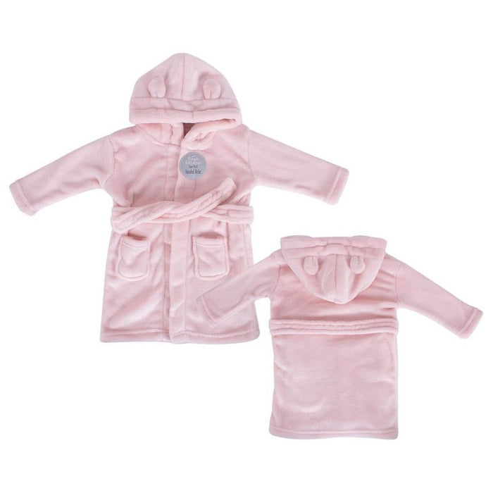 Pink hooded baby dressing gown with bear ears, shown in two sizes