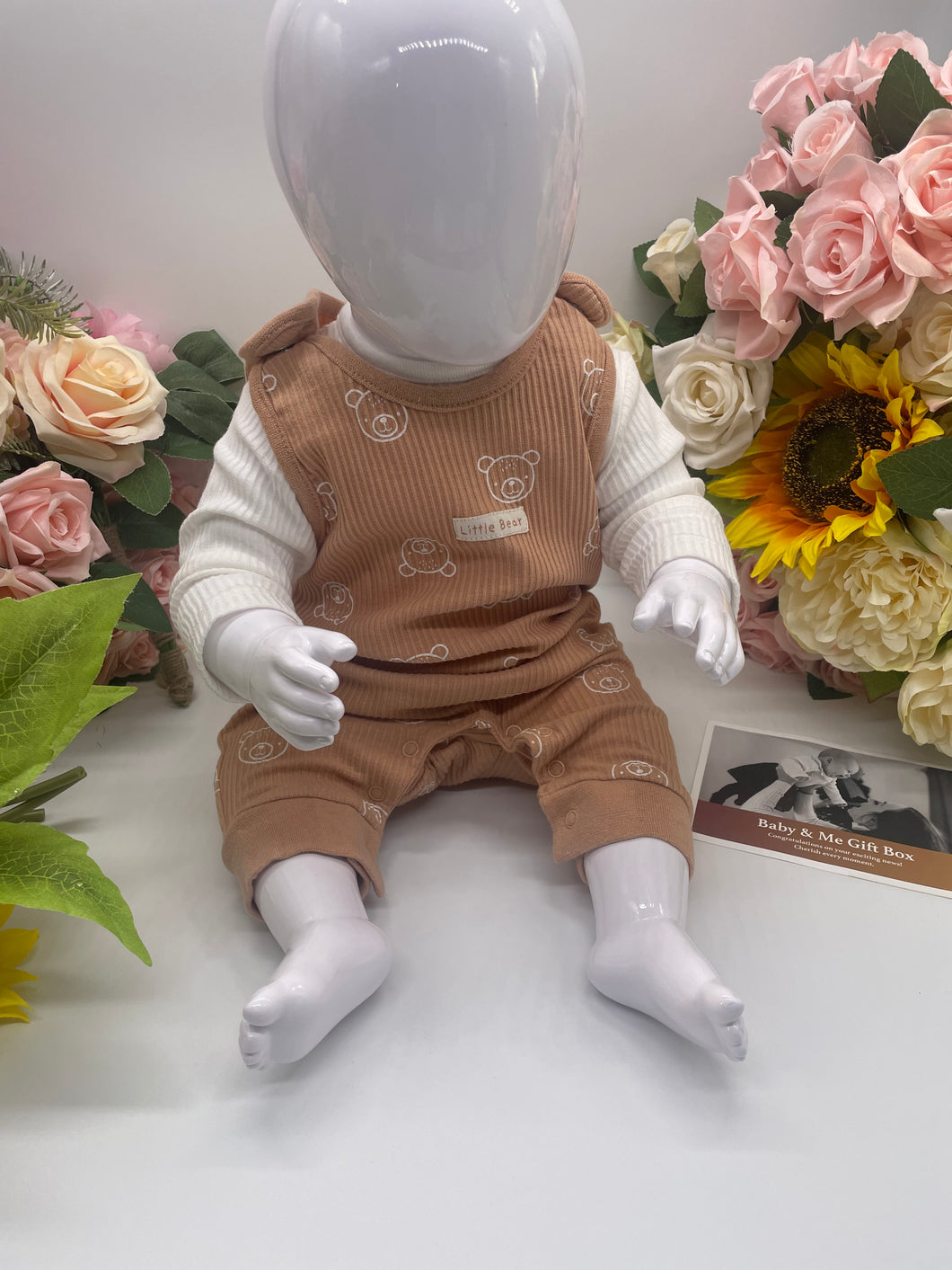 White and Beige teddy dungaree set