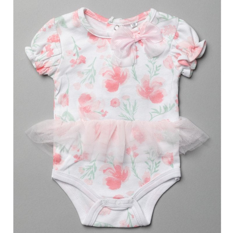 Baby girl floral bodysuit with pink puff sleeves, a chiffon bow and tulle tutu