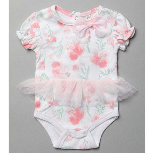 Baby girl floral bodysuit with pink puff sleeves, a chiffon bow and tulle tutu