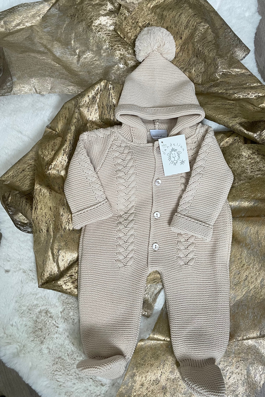 Beautiful Dandelion Hooded Cable Knitted Pram Suit