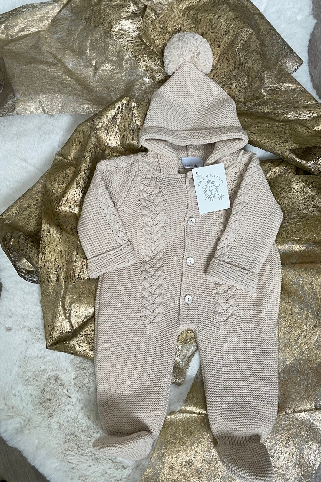 Beautiful Dandelion Hooded Cable Knitted Pram Suit